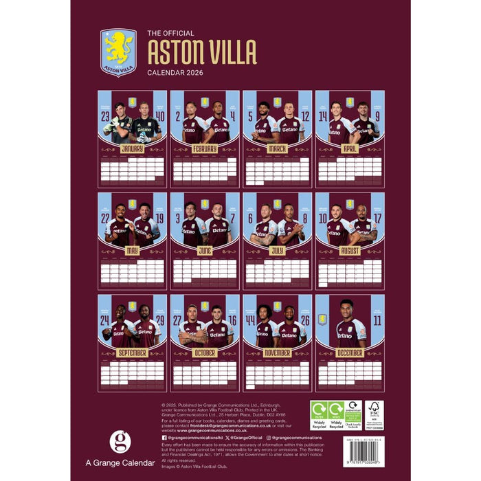 Aston Villa FC A3 Calendar 2026